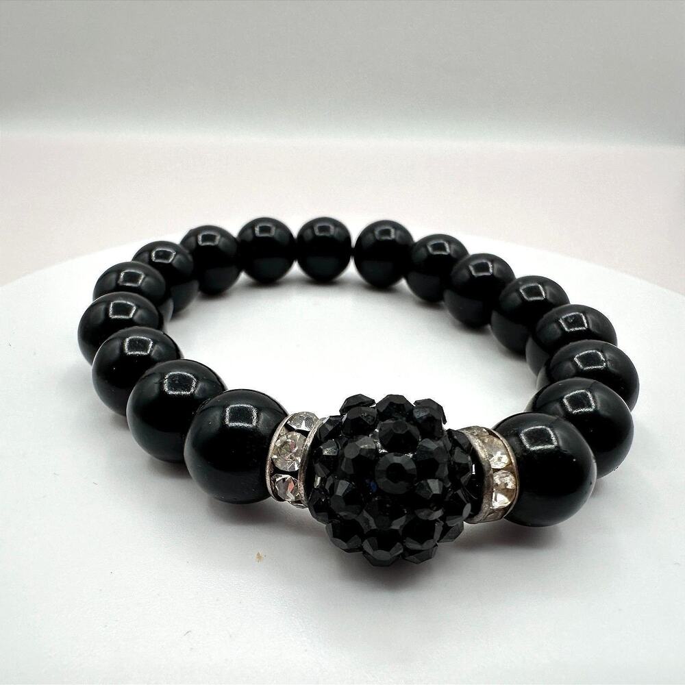 Vintage 90s Silver Tone Black Glass Beaded Disco Ball Bracelet Women's Jewelry